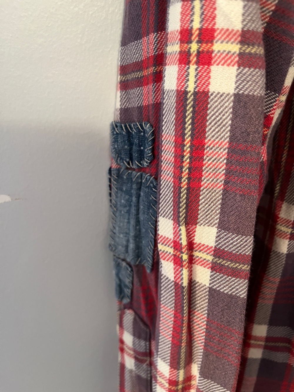 Polo Ralph Lauren Red Plaid Button-Up Shirt with Denim Patches & Frayed Bottom - Picture 5 of 7